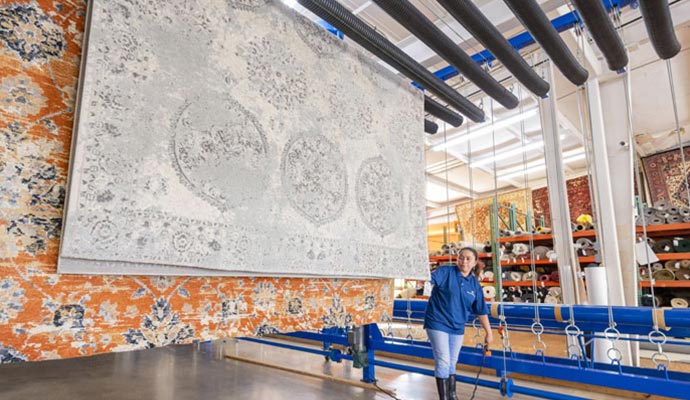 A professional operating a mechanical rack to hang and dry large, ornate area rugs