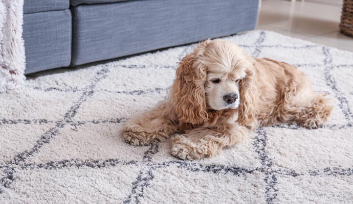 A pet dog is sitting on a clean rug.