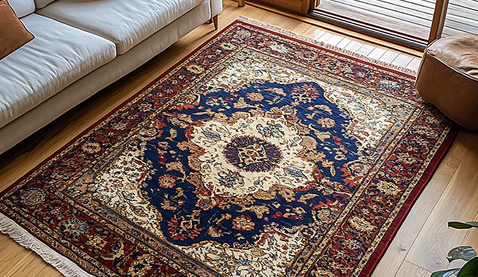 Blue oriental area rug in a living room beside a sofa and wooden floor