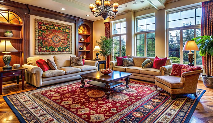 Decorative area rug in a furnished living room with sofas and large windows
