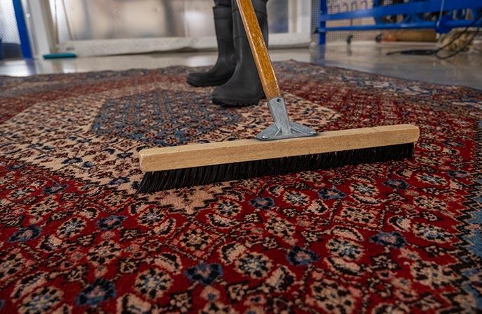 Professional worker cleaning rug with broom brush