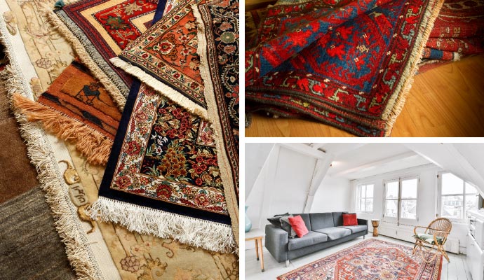 Collage of clean different types of rugs on the floor