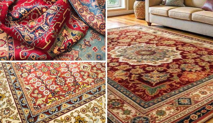 Collage of professionally cleaned silk, Turkish, and oriental rugs showing vibrant colors and restored texture