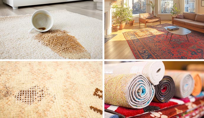 Collage showing stained area rug, living room rug, worn rug detail and rolled rugs
