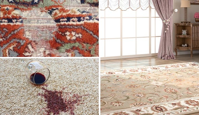 Collage of moth damaged rug, stain on rug and UV protected rug
