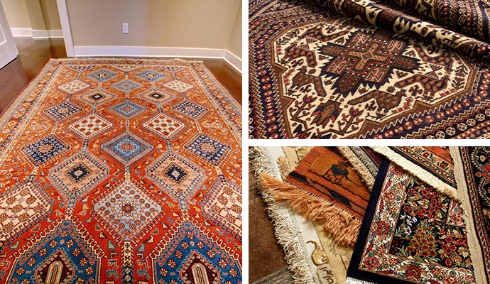 Collage of oriental and tribal area rugs in various patterns and colors