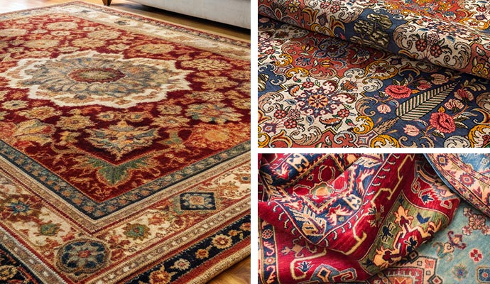 collage of oriental, persian, and silk rug