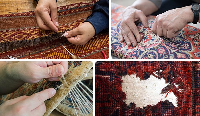 Collage of rug fringe, backing, patching, and hole repair