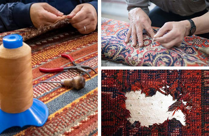Collage showing rug hole and professional fringe repairing services