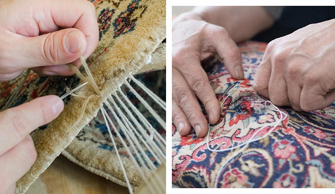 collage of rug patching and rug hole repair