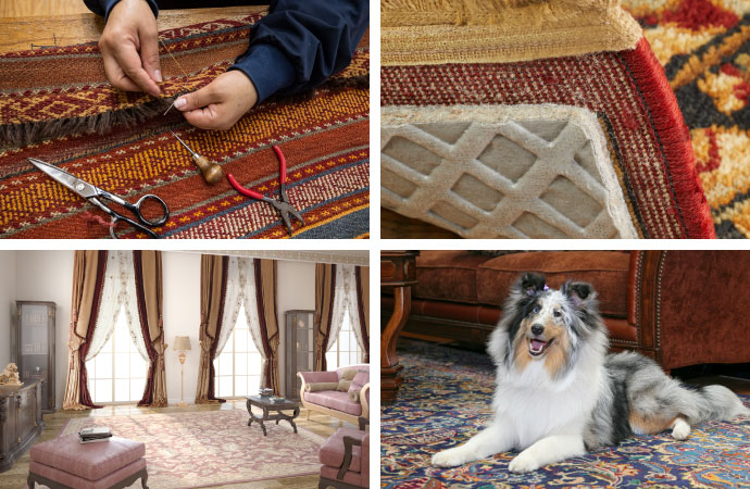 Collage of rug repair, protective padding, home placement, and pet-safe care