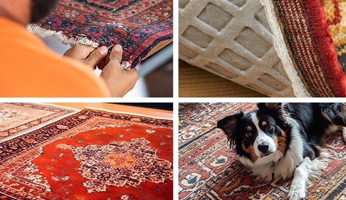 Collage of rug repairing service, rug pads under the rug, protected rug and a pet dog sitting on a clean rug