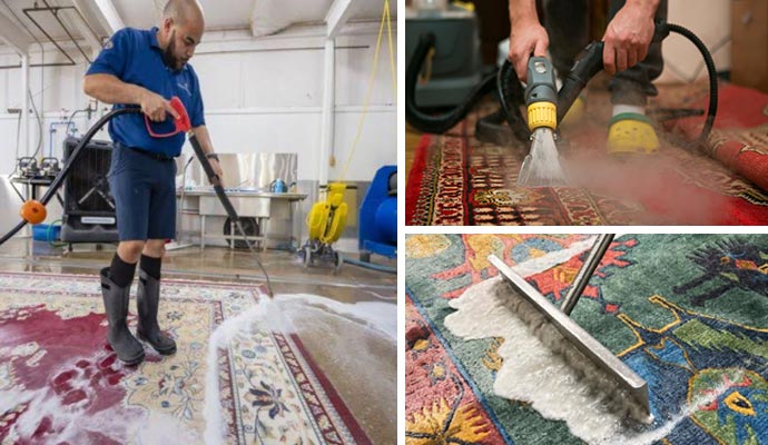 Collage of rug wet cleaning, steam cleaning and deep cleaning service
