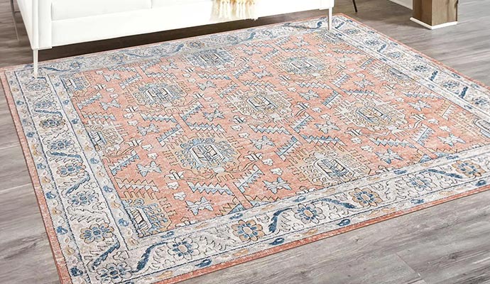 Distressed terracotta and blue traditional area rug