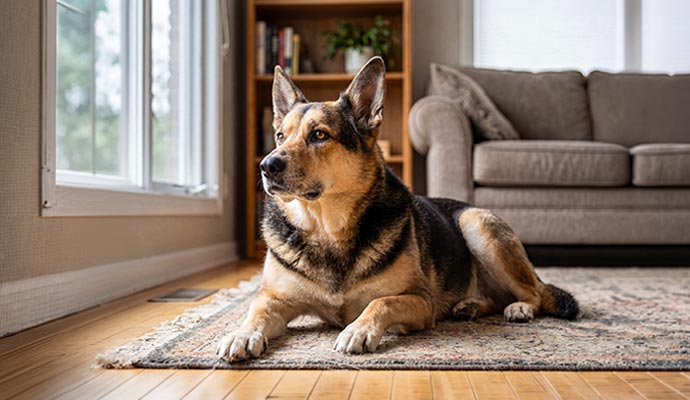 Dog lying on a patterned rug in a living room beside a sofa