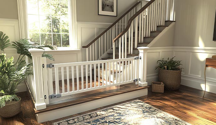 White safety gate installed near a staircase in a bright home entryway