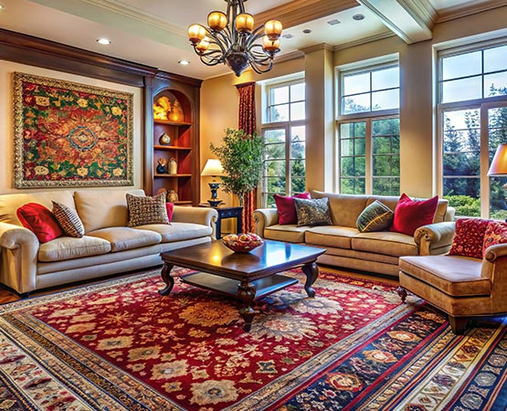 Decorative area rug in a furnished living room with sofas and large windows