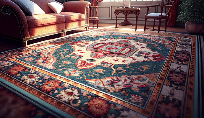 Ornate teal and red Persian rug in sunlit living room