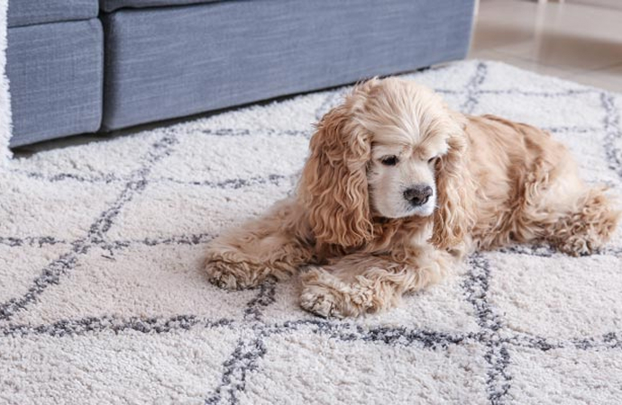 Pet sitting on a clean rug in living room