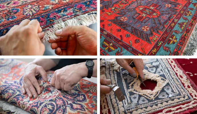 CollageProfessional fringe repair, pattern weaving, structural backing stitches, and
hole patching