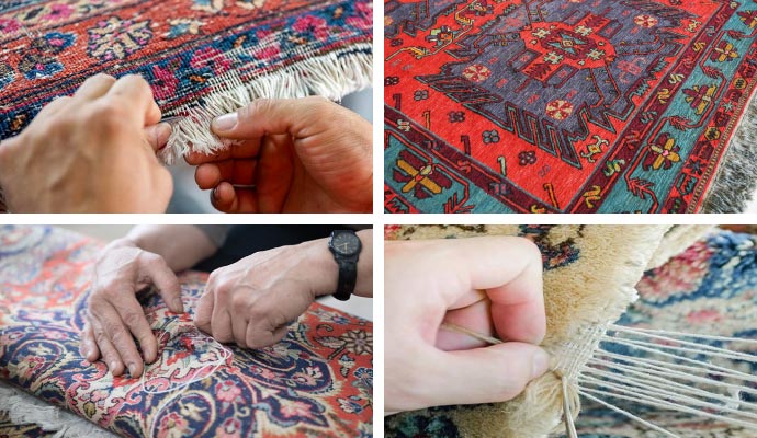 Collage of fringe restoration, pattern weaving, and hand stitching