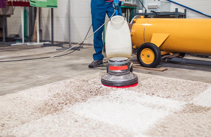 Professional worker washing rug