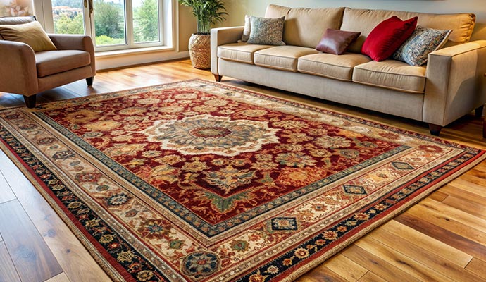 Red oriental area rug in sunlit living room