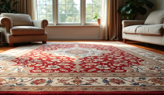 Red oriental rug in a living room with armchair sofa and large window