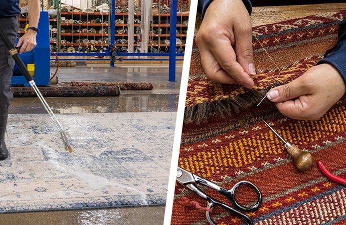 Worker cleaning rug and besides that a worker repairing rug