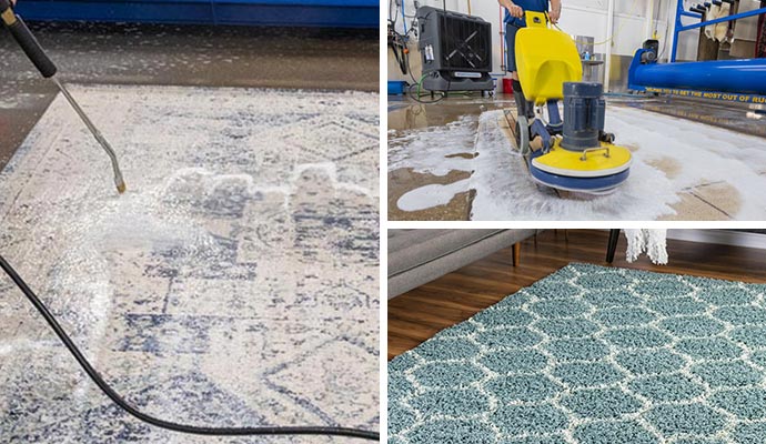 Collage of rug wet cleaning, deep cleaning, and clean rug