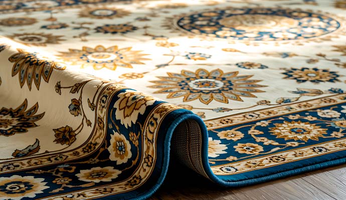Curled corner of an area rug on hardwood floor