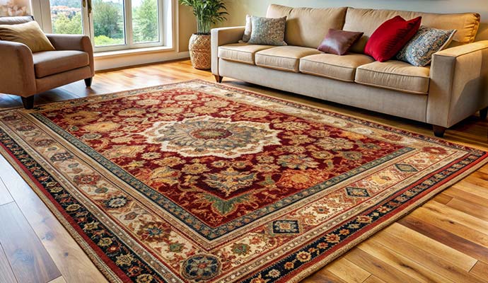 Traditional area rug on hardwood floor in a living room
