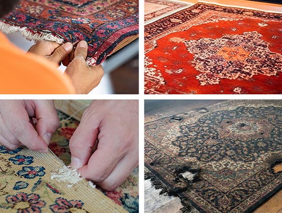 Rug repair and restoration showing damaged rugs and hand repair work