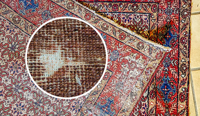 Damaged rug backing with close up inset