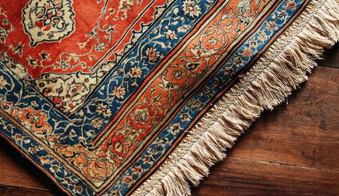 Knotted white fringe along edge of oriental area rug