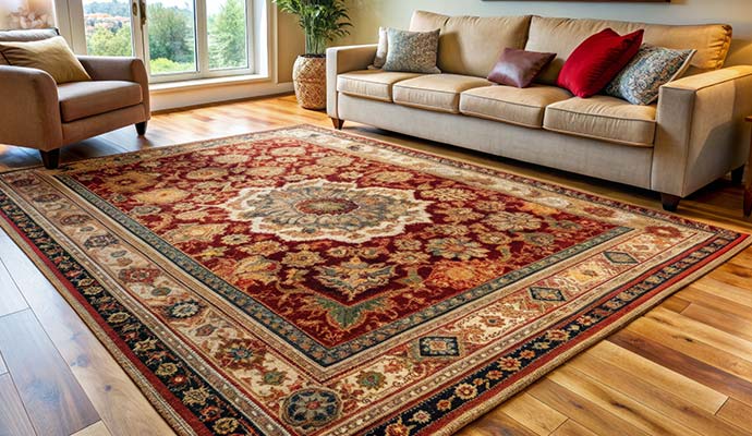 Traditional red oriental medallion rug on hardwood living room floor