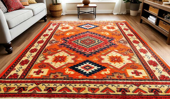 Vibrant geometric pattern oriental rug in living room