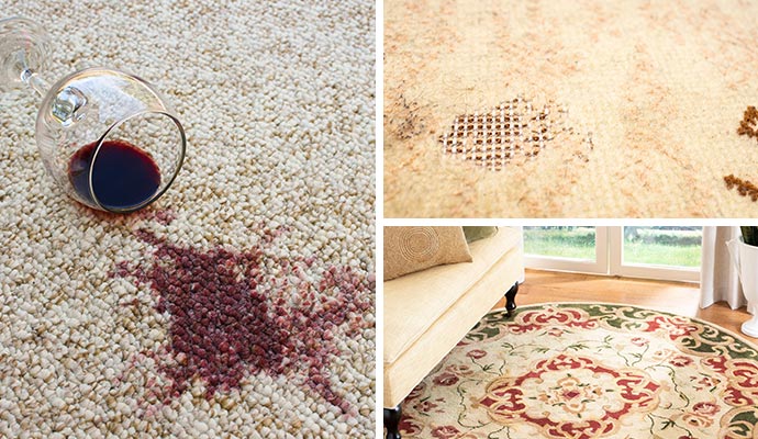A collage illustrating common rug stains like red wine and the final clean result in a home