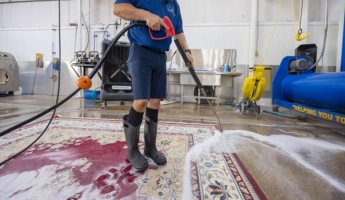 Professional rug rinsing process with high-pressure water cleaning in a rug care facility