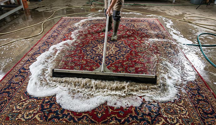 Professional rug scrubbing process with foam cleaning on a large oriental rug