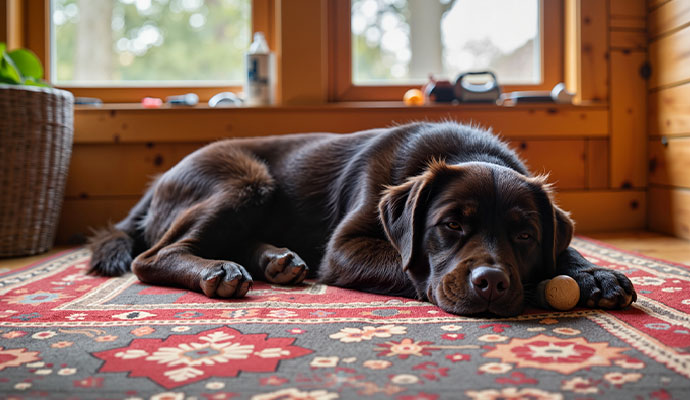 Pet dog resting on a patterned area rug