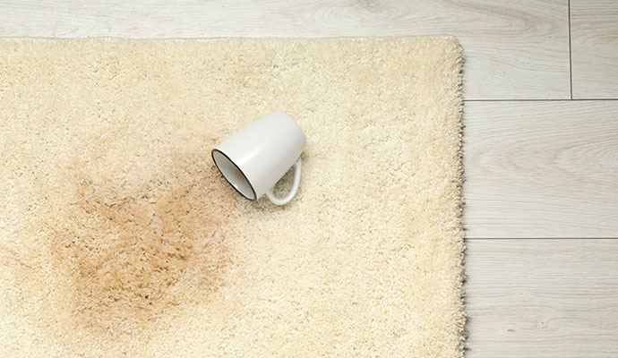 A cup of coffee spilled on a rug