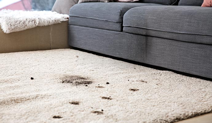 Stained white area rug beside a gray sofa in a living room