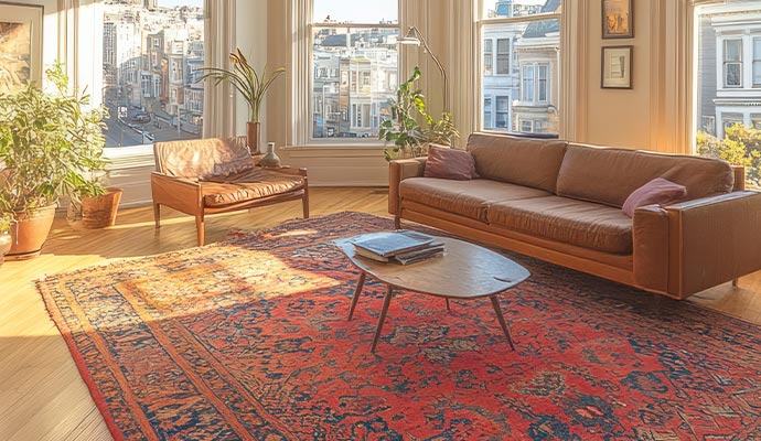 Red patterned area rug in a sunlit living room with sofa and large windows