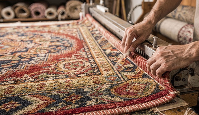 Technician repairing the edge binding repair of a custom-bordered oriental rug Technician repairing the edge binding repair of a custom-bordered oriental rug
