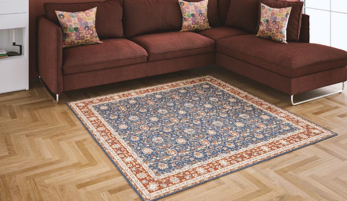 Traditional blue and red floral rug in living room