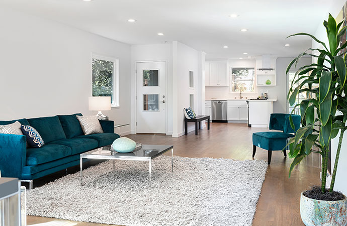 White rug in the living room floor